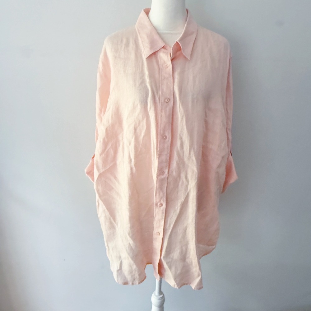 Lauren Ralph Lauren Button Down 2X Pink Linen Coastal Grandma Chic Minimalist